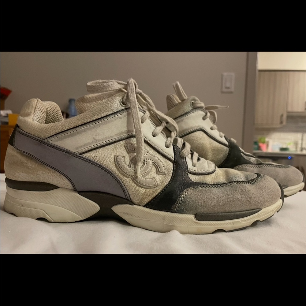 CHANEL Authentic Women’s Cream and Gray Athletic Shoes / Sneakers / Tennis Shoes